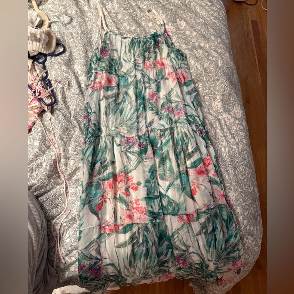 Elena Baldi Silk Blend Tiered Maxi Dress with Green and Pink Pattern